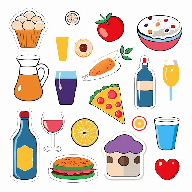 Vector delicious food and drink stickers pizza cupcakes and more