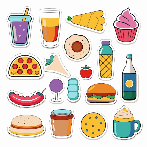 Vector delicious food drinks stickers colorful fun designs for your projects