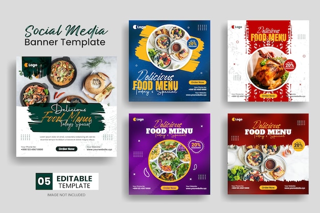 Delicious food menu restaurant social media post banner template set and web banner layout