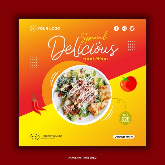 Delicious food menu and restaurant social media post template premium vector