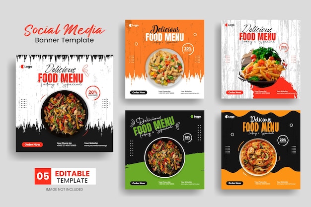 Delicious food menu restaurant social media promotion square banner template set.