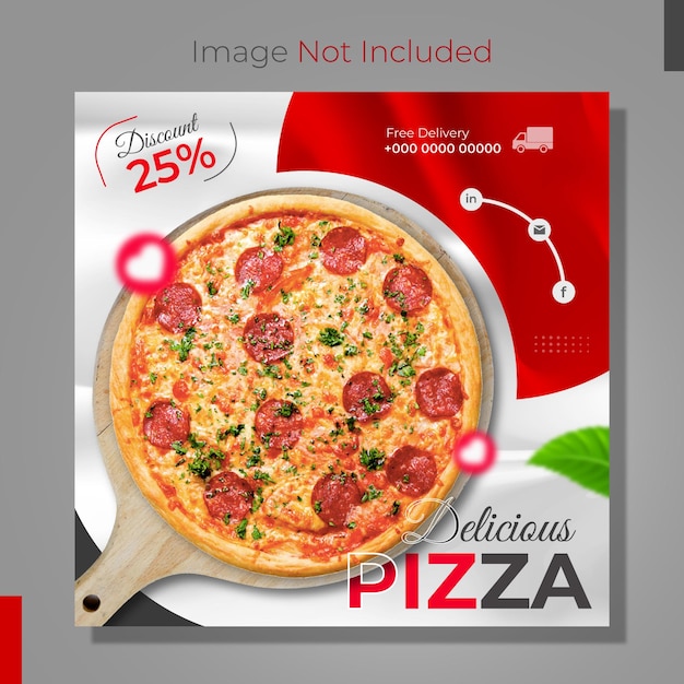 Delicious food menu social media post design or tasty pizza Instagram web banner template