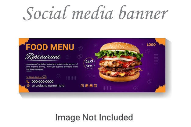 Delicious food restaurant menu template, social media Facebook banner design layout.