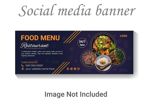 Delicious food restaurant menu template, social media Facebook banner design layout.