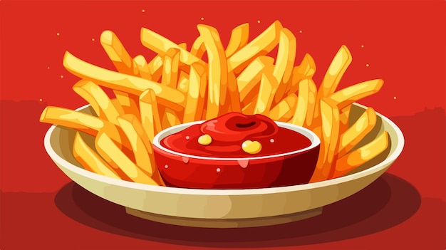 Vector delicious french fries dipping in ketchup crispy fried potatoes