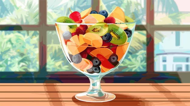 Vector delicious fruit salad in glass bowl on table vector illustration