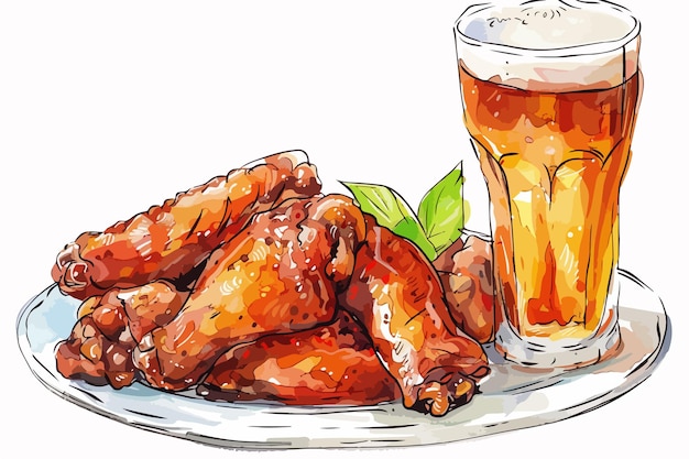 Vector delicious glazed grilled chicken wings with glass of beer