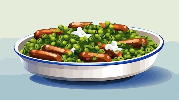 Vector delicious green peas and sliced hot dogs in flavorful sauce for tasty dish