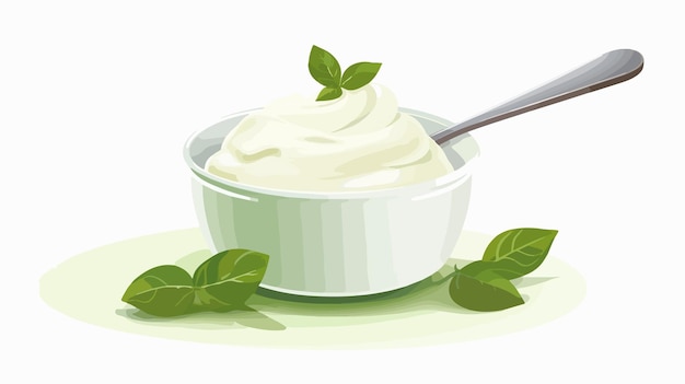 Vector delicious green tea yogurt in cup with spoon and leaves