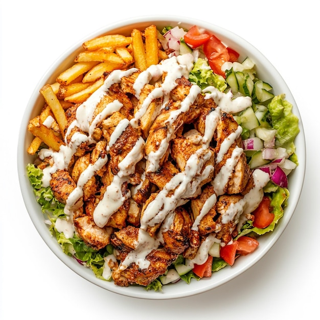 Vector delicious grilled chicken salad with french fries and fresh vegetables drizzled with creamy sauce