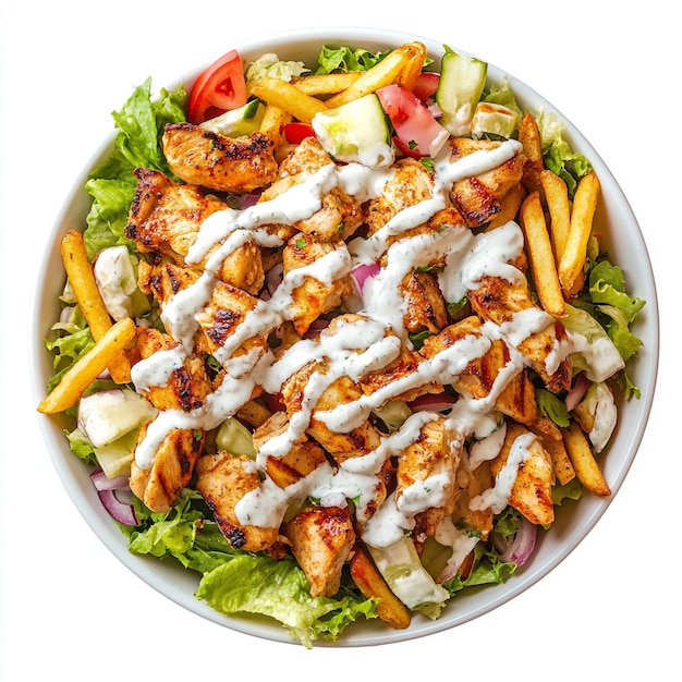 Vector delicious grilled chicken salad with french fries and fresh vegetables drizzled with creamy sauce