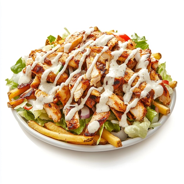 Delicious Grilled Chicken Salad with French Fries and Fresh Vegetables Drizzled with Creamy Sauce