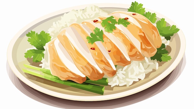 Vector delicious hainanese style chicken rice with sauce vector illustration