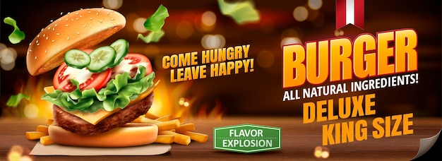 Delicious hamburger and fries banner