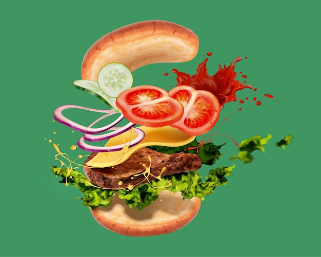 Vector delicious hamburger with inggreenients flying in the air on green background in 3d illustration