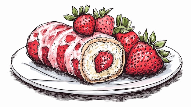 Delicious Hand Drawn Illustration of Strawberry Roll Cake