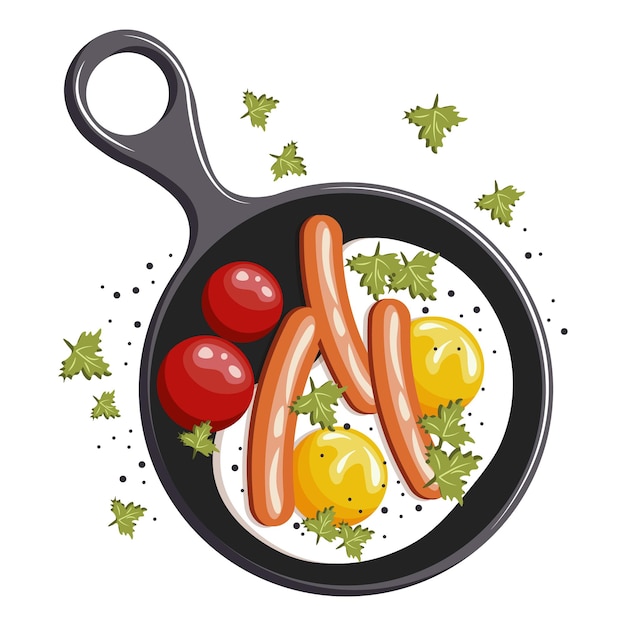 Delicious and healthy breakfast, frying pan with fried eggs, sausages, tomatoes and parsley.