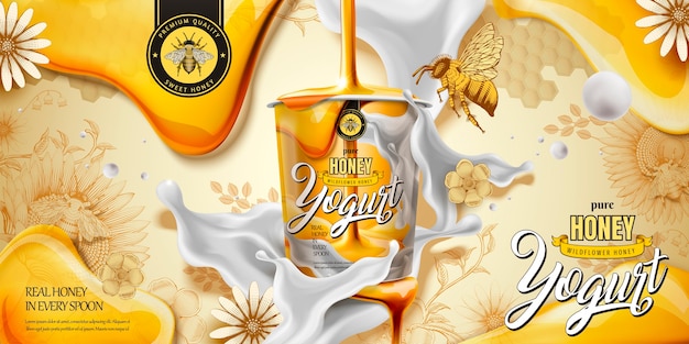 Delicious honey yogurt ad with ingredient dripping down from top , engraving style background