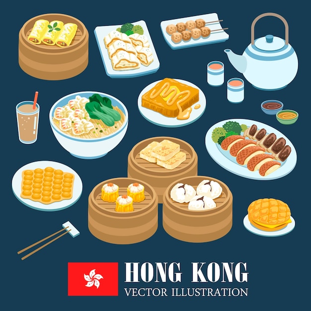 Delicious Hong Kong cuisines collection in flat style