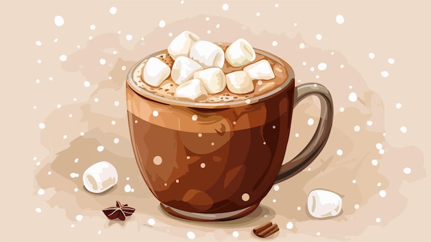 Vector delicious hot chocolate in glass cup with fluffy marshmallows