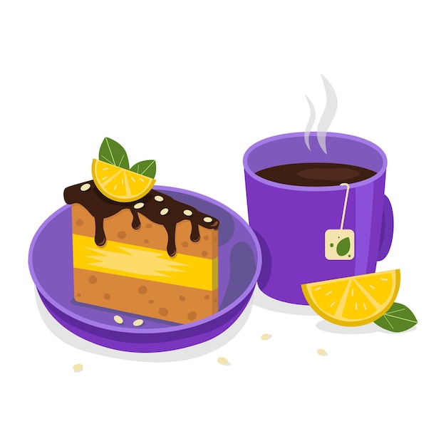 Vector delicious hot tea and a plate with a delicate chocolate-lemon slice of cake.