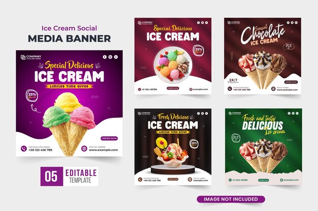 Delicious ice cream social media post collection with dark and purple colors Ice cream promotion template bundle with abstract shapes Dessert business web banner set design with photo placeholders