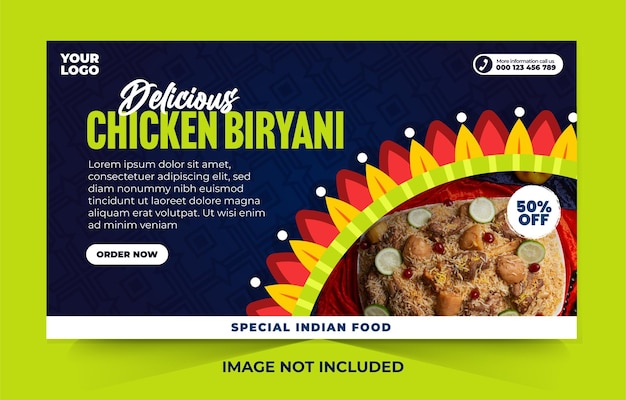 Delicious indian food menu and chicken biryani banner design template