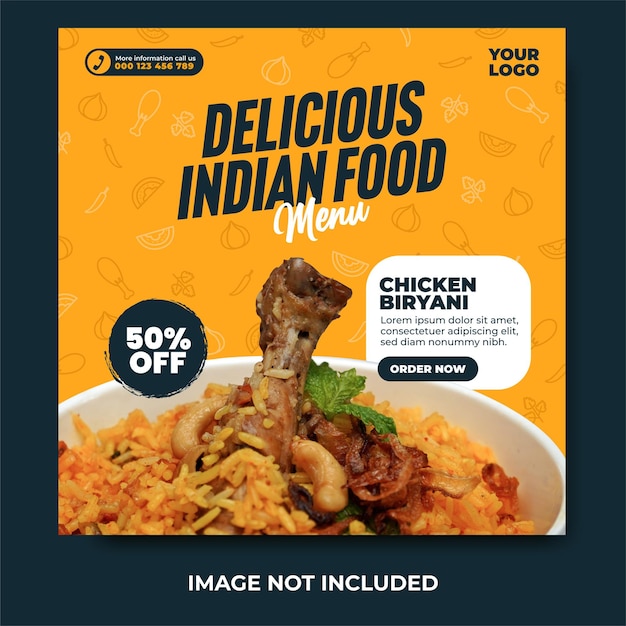 Delicious indian food menu and chicken biryani social media post and web banner template