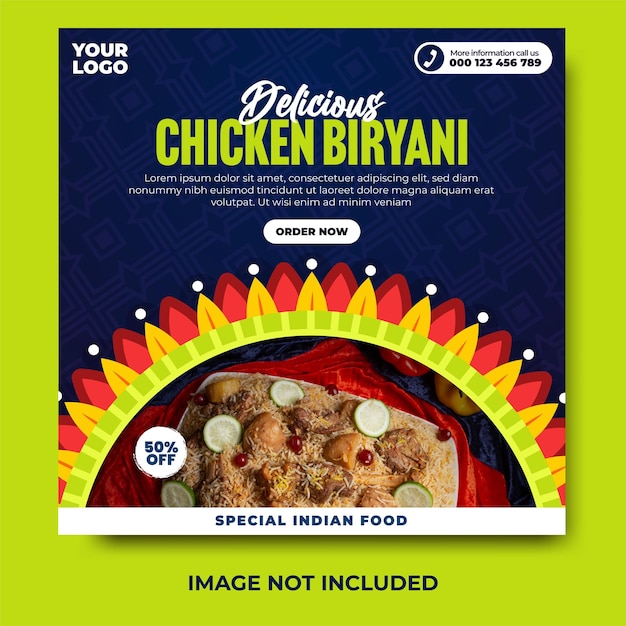 Delicious indian food menu and chicken biryani social media post and web banner template