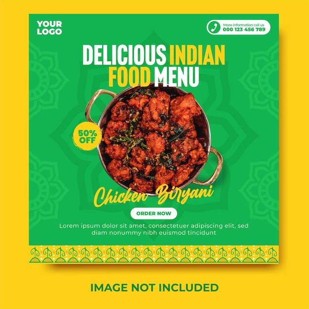 Delicious indian food menu and chicken biryani social media post and web banner template