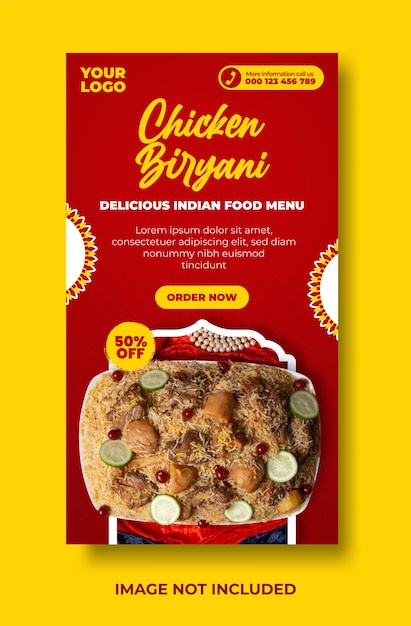 Delicious indian food menu and chicken biryani social media stories design template