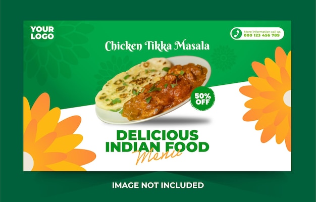 Delicious indian food menu and chicken tikka masala banner design template