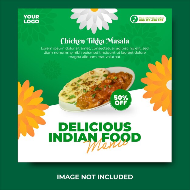 Delicious indian food menu and chicken tikka masala social media post and web banner template