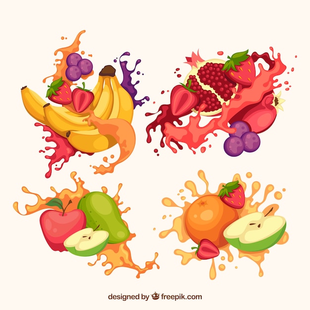 Delicious juice splashes collection with fruits 