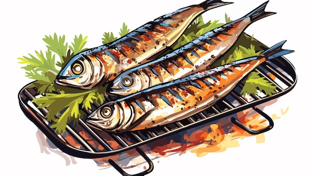 Vector delicious mackerel fish cooking on grill with hot coals