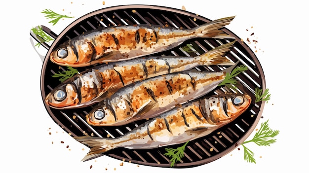 Vector delicious mackerel roast on grill barbecue flat lay top view