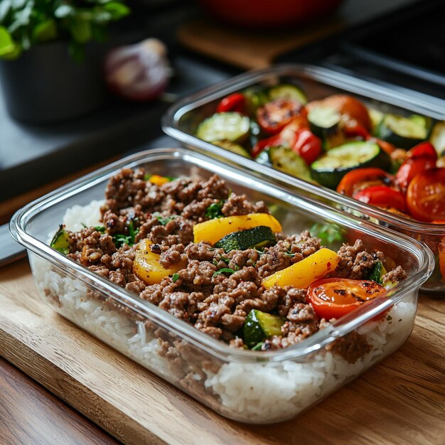 Vector delicious meal prep savory ground beef and colorful veggies over rice in glass containers