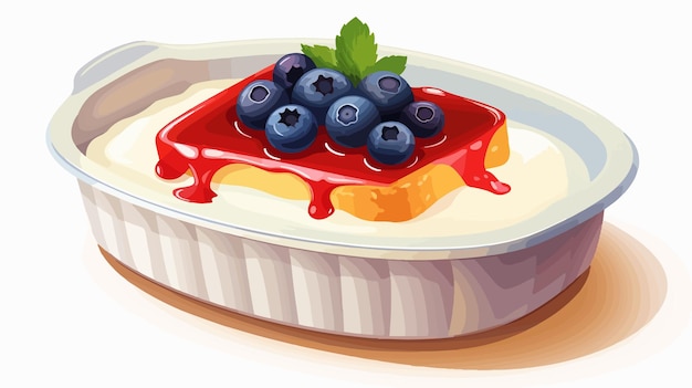 Vector delicious milk pudding with strawberry jam in ceramic bowl