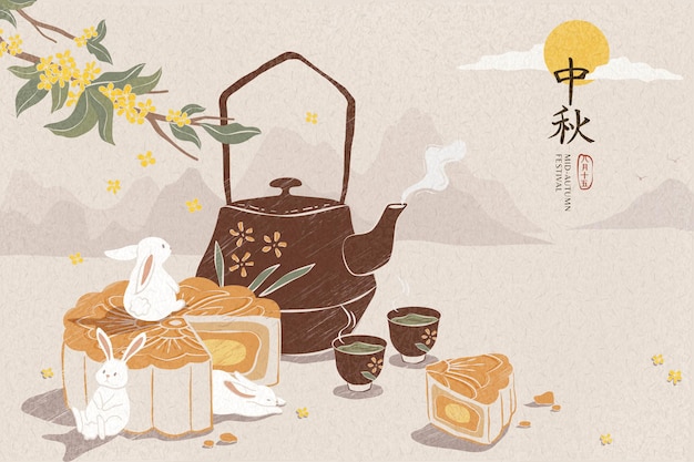 Delicious mooncake and hot tea illustration for mid autumn festival