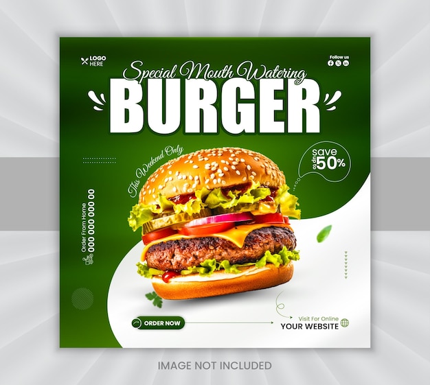 Vector delicious mouth watering burger social media promotional post design template for restaurant