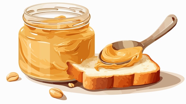 Vector delicious peanut butter on spoon in glass jar and sandwich