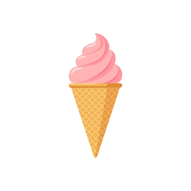 Delicious pink strawberry or raspberry ice cream in waffle cone tasty isolated twisted icecream on