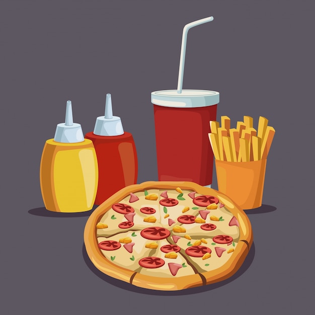 Delicious pizza and french fries