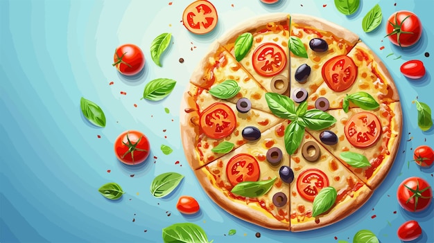 Vector delicious pizza with fresh olives tomatoes and basil on blue background