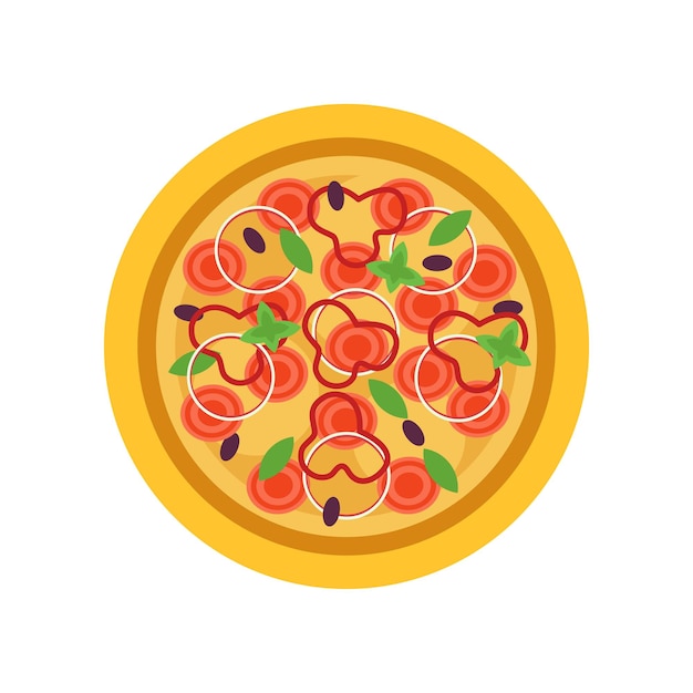 Delicious pizza with tomatoes fresh basil leaves olives rings of onion and red pepper Traditional Italian food Icon in flat style Cartoon vector illustration isolated on white background