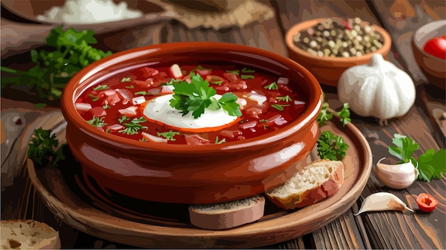 Vector delicious plate of hot borsch with sour cream and onion