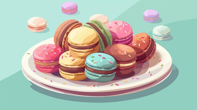 Vector delicious plate of tasty macarons and sweets on colorful background