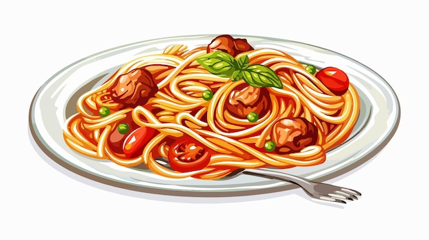 Delicious Plate of Vegetable Spaghetti and Meat on White Background