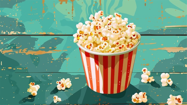 Vector delicious popcorn in bucket on green wooden background