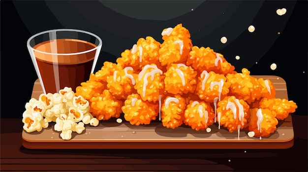 Vector delicious popcorn chicken and sea salt on grey board